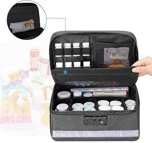 Locking Pill Bottle Organizer with Inner Dividers, Medicine Storage and Organizer Bag Combination Lock for Medicine, Vitamins and Medical Supplies, Gray